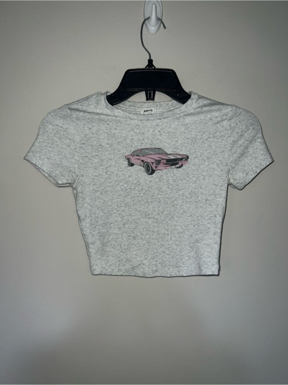Gray Heather Crop Tee with Pink Car Graphic Light grey cropped Garage Small